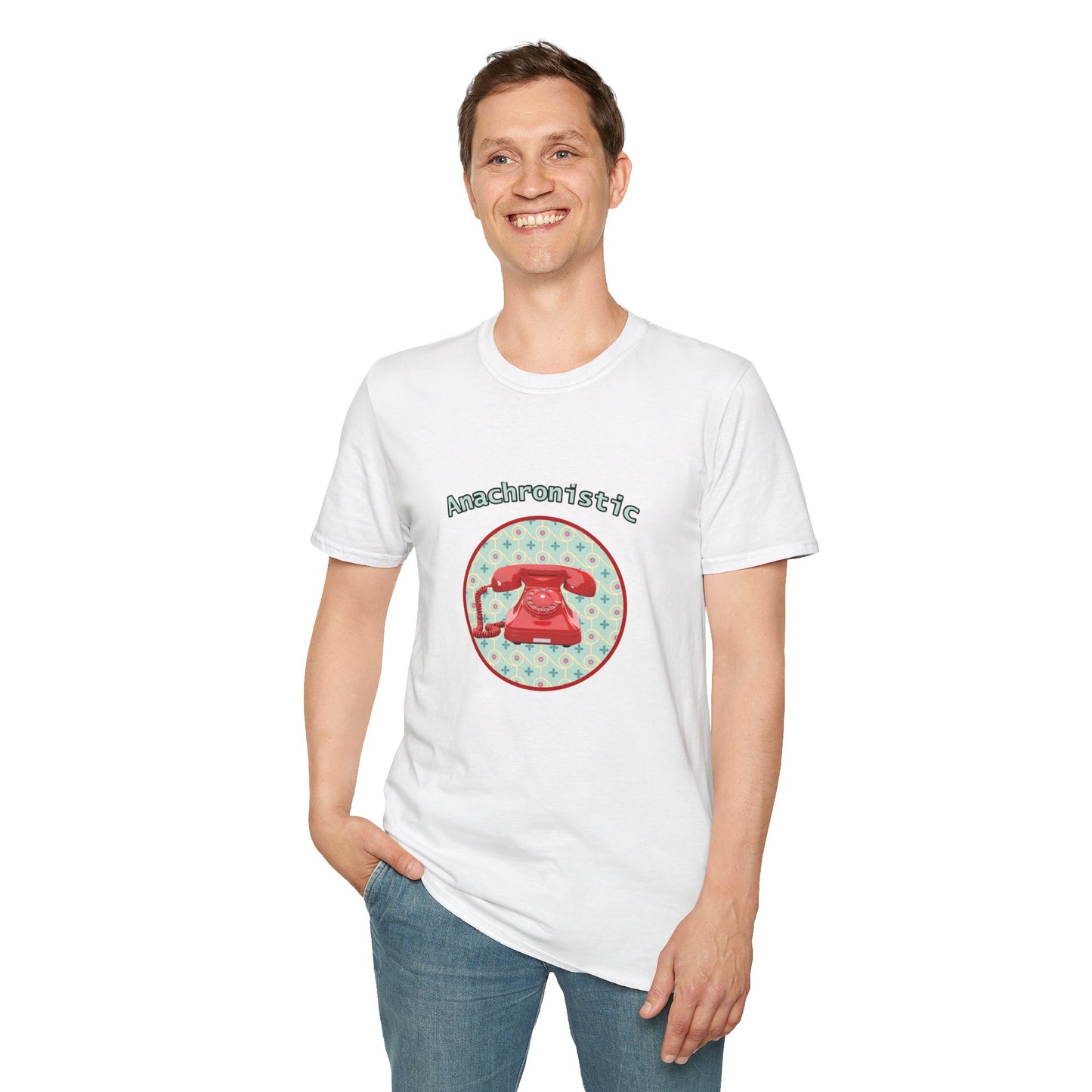 Anachronistic Retro Phone Graphic Poly Blend Crew Neck T-Shirt.