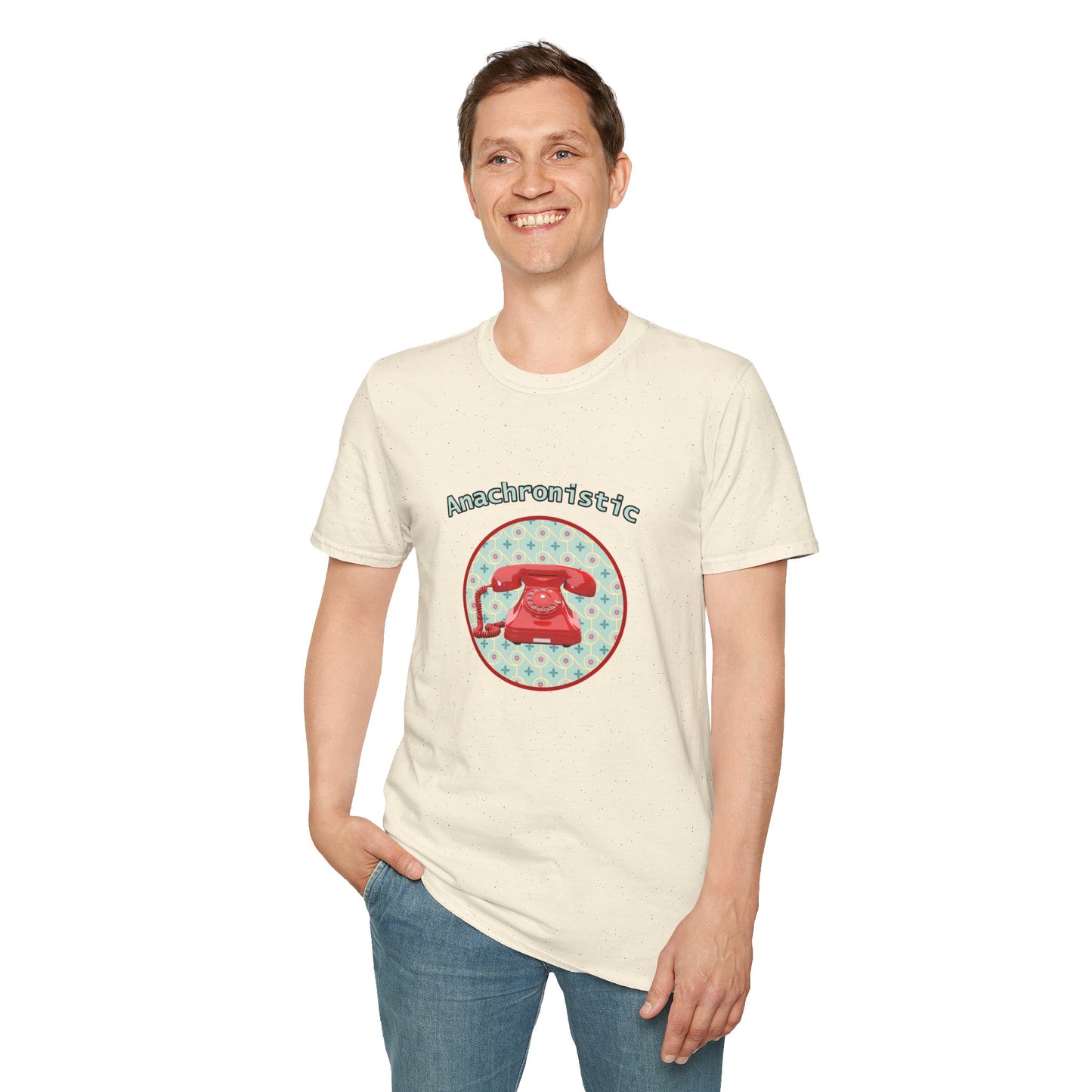 Anachronistic Retro Phone Graphic Poly Blend Crew Neck T-Shirt.