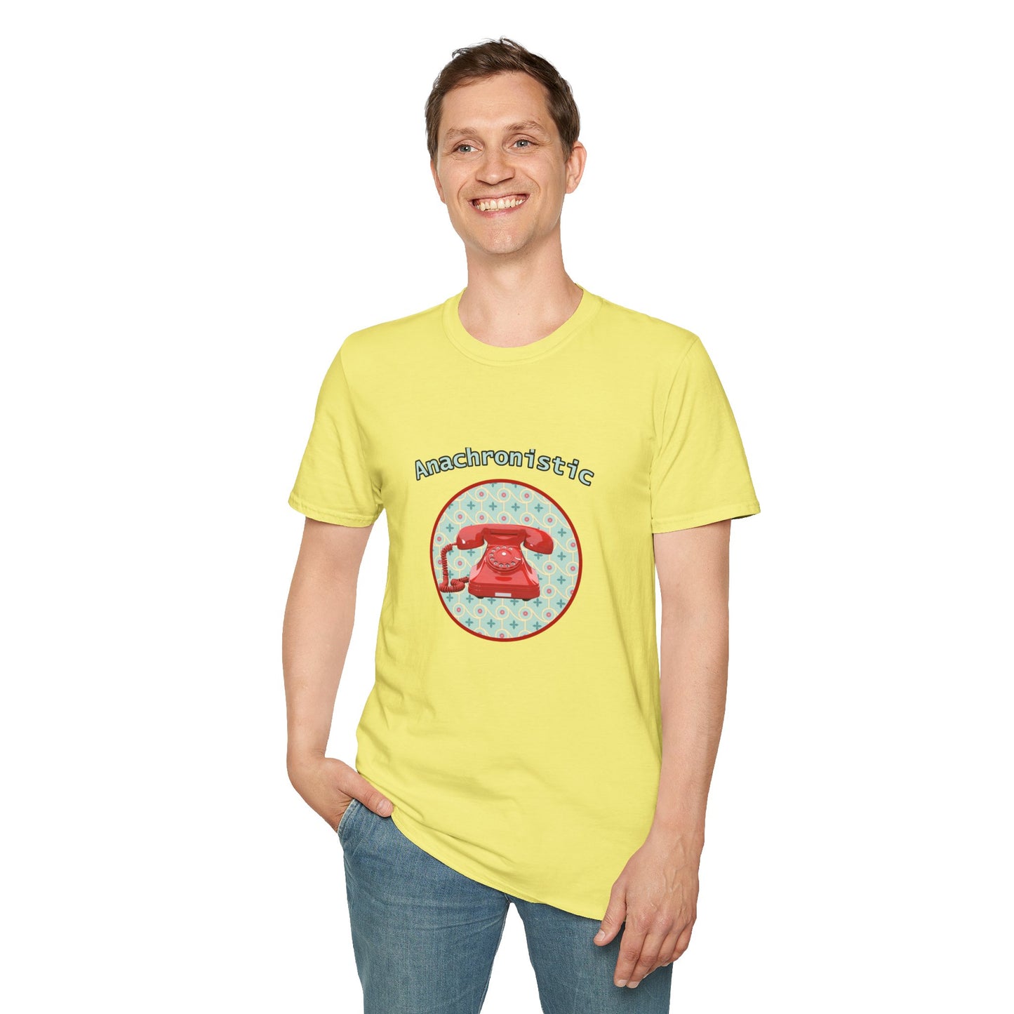 Anachronistic Retro Phone Graphic Poly Blend Crew Neck T-Shirt.
