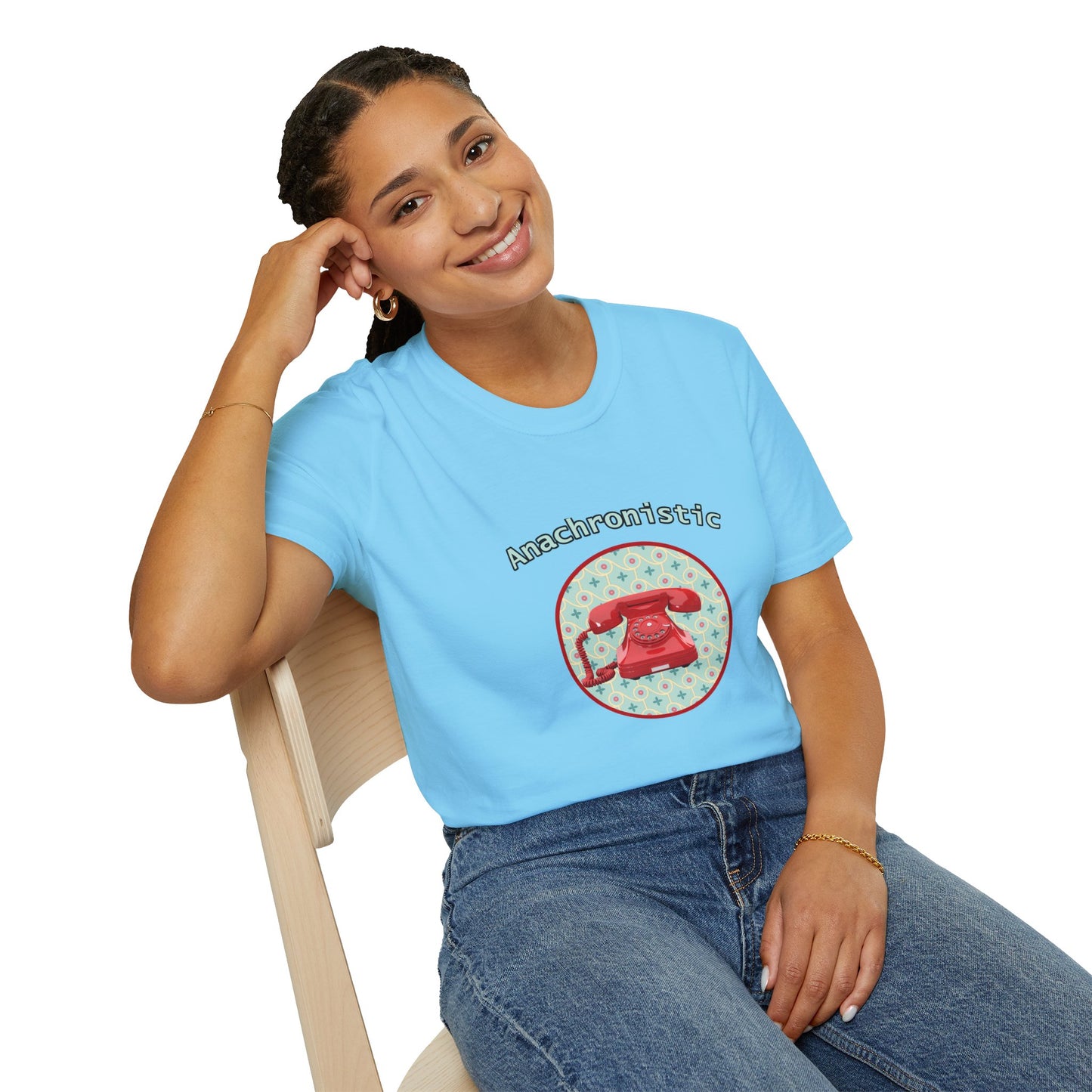 Anachronistic Retro Phone Graphic Poly Blend Crew Neck T-Shirt.