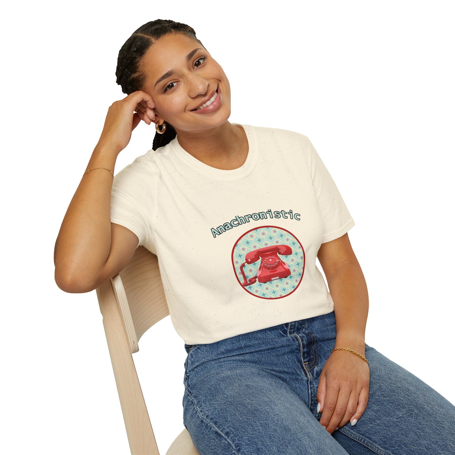 Anachronistic Retro Phone Graphic Poly Blend Crew Neck T-Shirt.