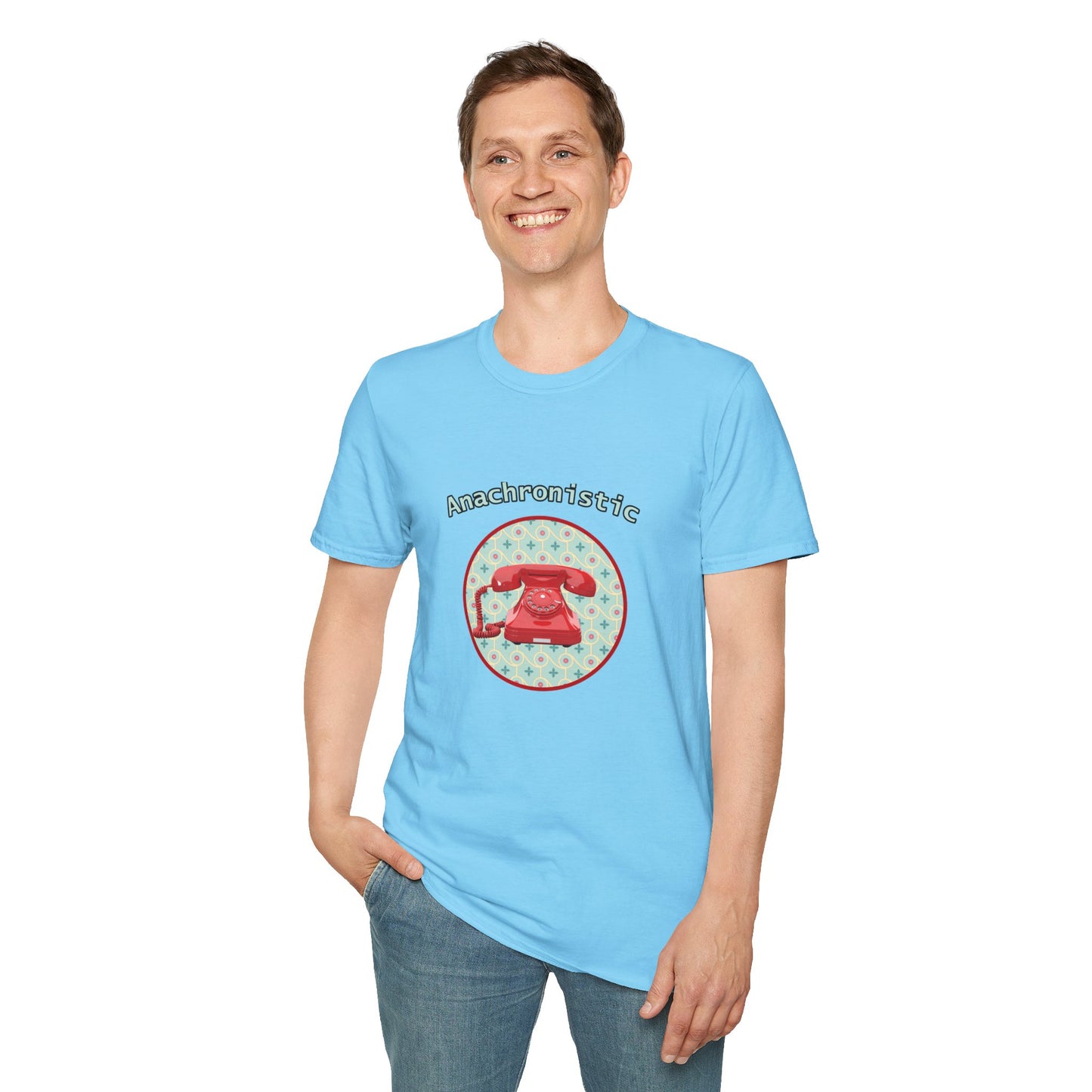 Anachronistic Retro Phone Graphic Poly Blend Crew Neck T-Shirt.