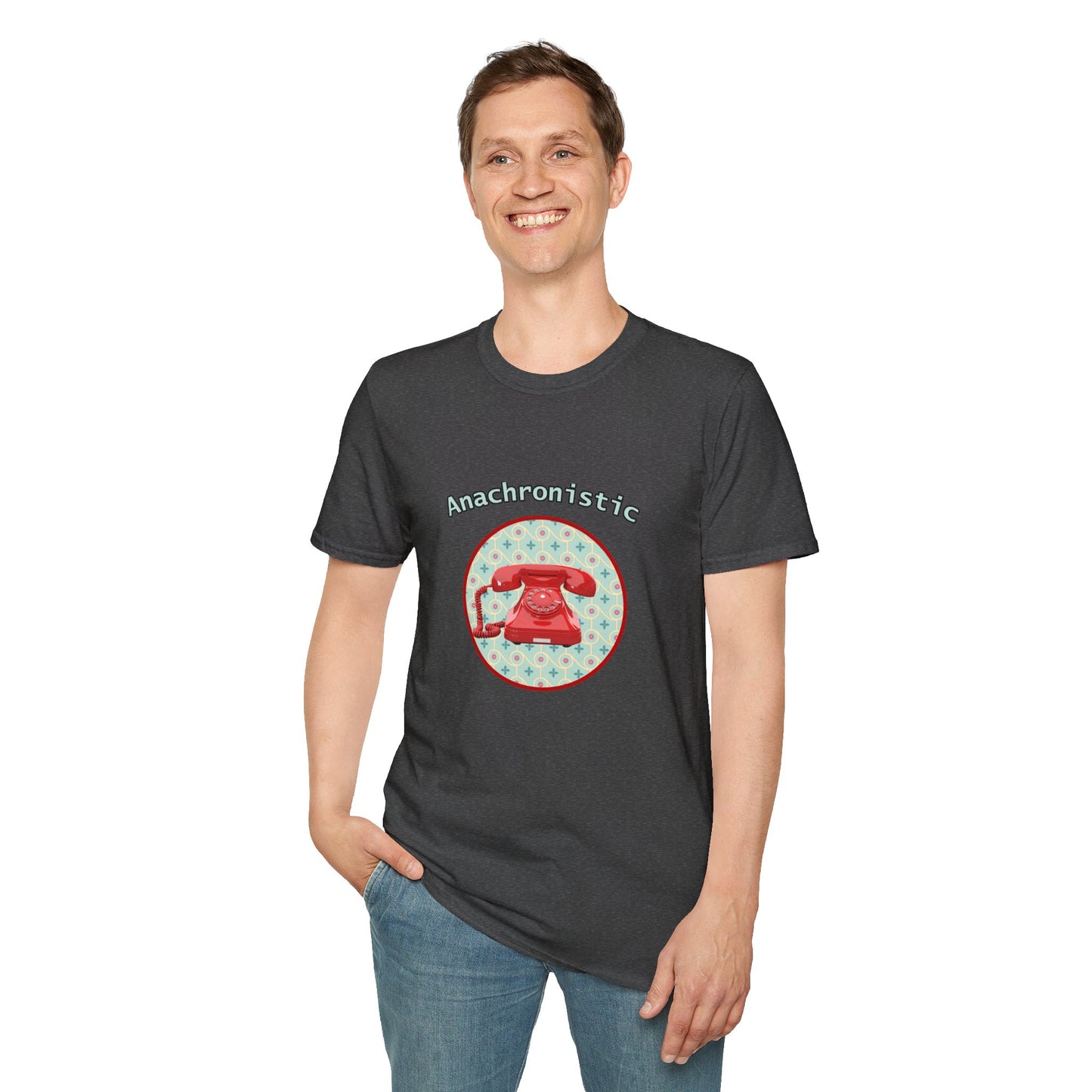 Anachronistic Retro Phone Graphic Poly Blend Crew Neck T-Shirt.