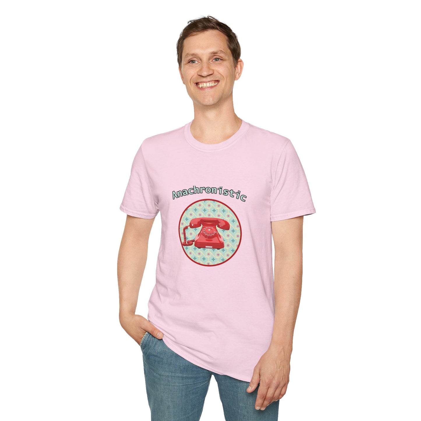 Anachronistic Retro Phone Graphic Poly Blend Crew Neck T-Shirt.