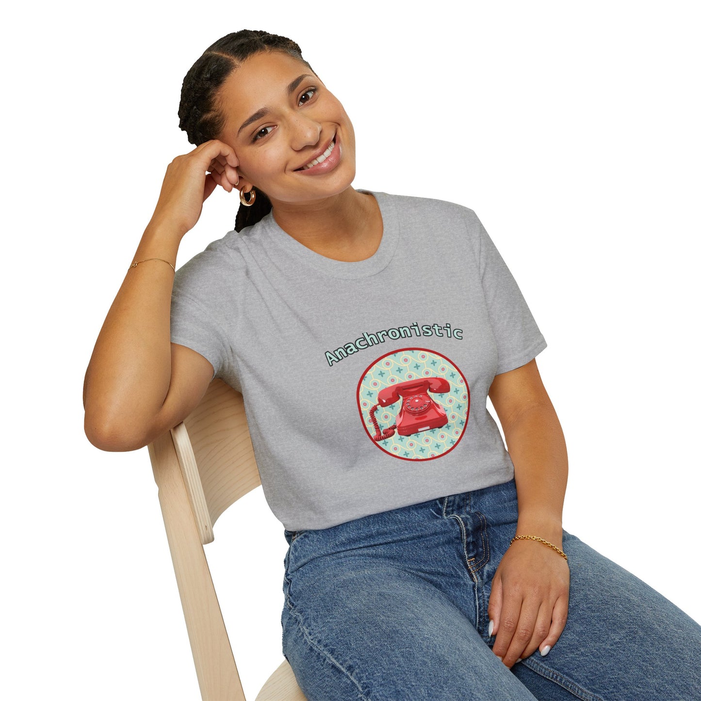 Anachronistic Retro Phone Graphic Poly Blend Crew Neck T-Shirt.