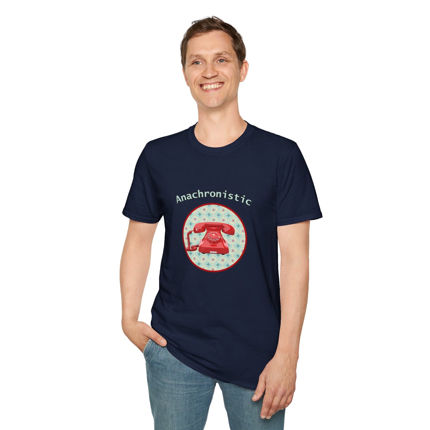 Anachronistic Retro Phone Graphic Poly Blend Crew Neck T-Shirt.