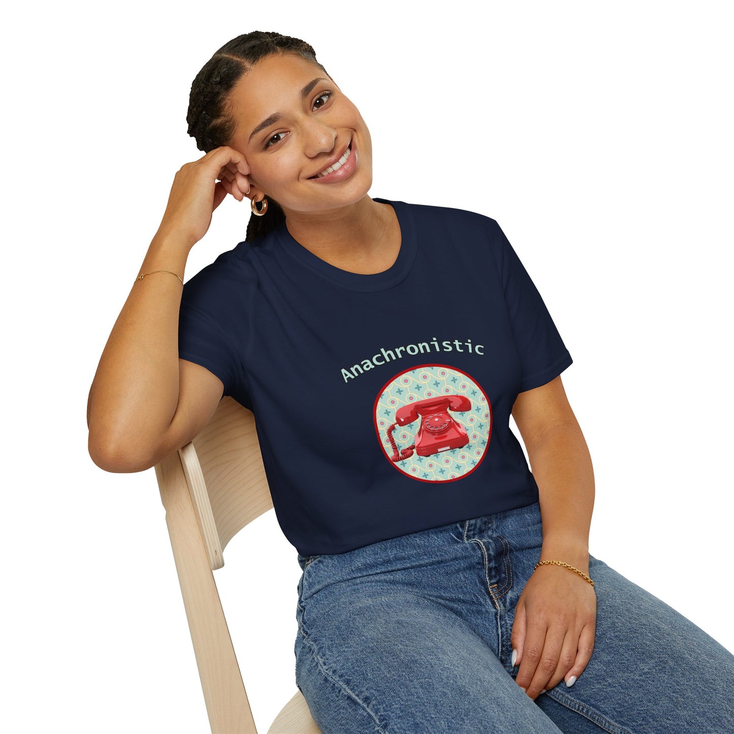 Anachronistic Retro Phone Graphic Poly Blend Crew Neck T-Shirt.
